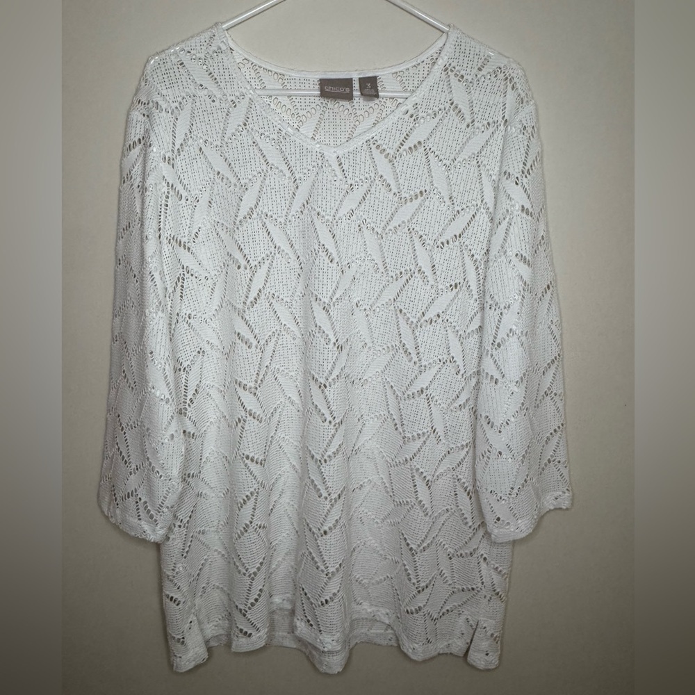 Chico's White Geometric Open Knit Crochet Top Womens Size 3 XL Lightweight Boho